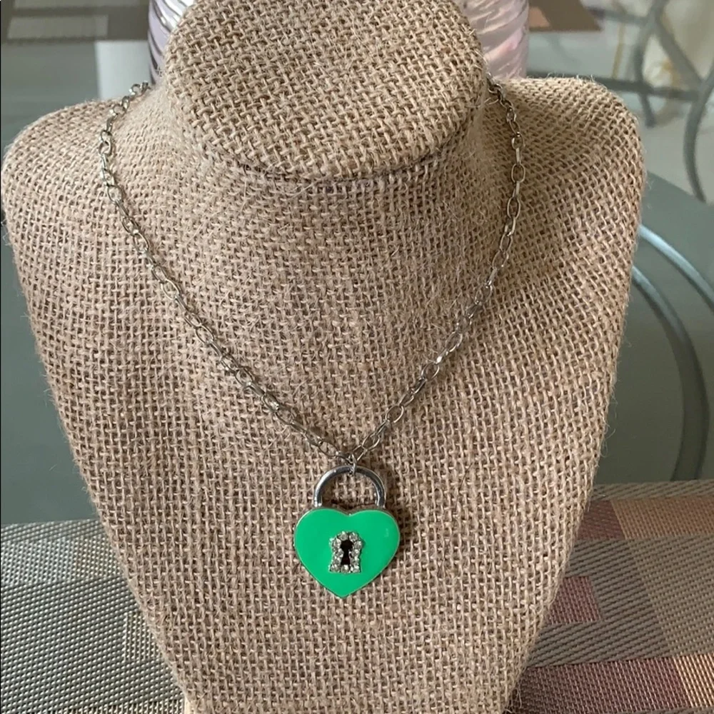 2/$10 Girls Green Heart Lock Rhinestone Pendant Necklace | 7 Inch